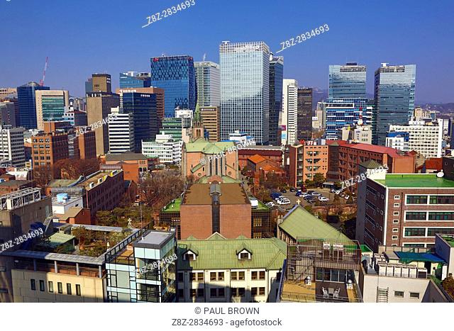 Buildings of the Myeongdong skyline and Myeongdong Cathedral, Seoul, Korea