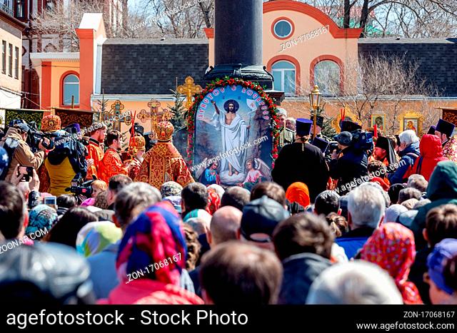 Russia, Vladivostok, 04/08/2018. Easter celebration in downtown of Vladivostok. Orthodox priests perform the rite. Easter, main holiday of Orthodox Christianity