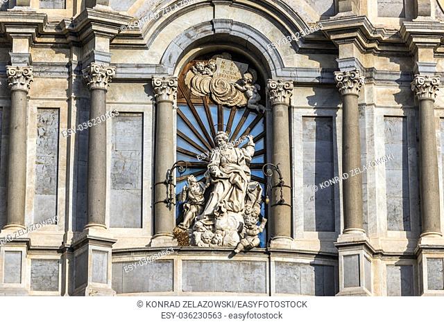 Frontage and Saint Agatha's niche of Roman Catholic Metropolitan Cathedral of Saint Agatha on Cathedral Square in Catania, Sicily Island, Italy