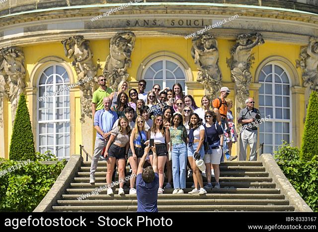 Group photo, tourists, Grand Staircase, Sanssouci Palace, Potsdam, Brandenburg, Germany, No model release, Europe