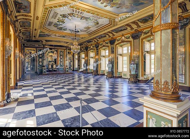 Queluz Palace, Sintra Municipality, Portugal. Sala dos Embaixadores, or Hall of the Ambassadors. Construction of the Rococo palace began in 1747 under the...