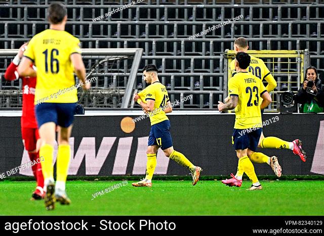 Union's Mohamed Amoura celebrates after scoring during a game between Belgian soccer team Royale Union Saint Gilloise and English club Liverpool FC
