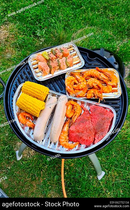 Barbecue at the campground at summer camp trips, skewers of pork and beef tenderloin at barbecue party in camping, summer camp trips an activity to relax