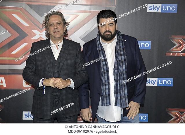 Italian chefs Giorgio Locatelli and Antoniono Cannavacciuolo attends at photocall of the final night of the talent show X-Factor 2018 at the Assago Forum