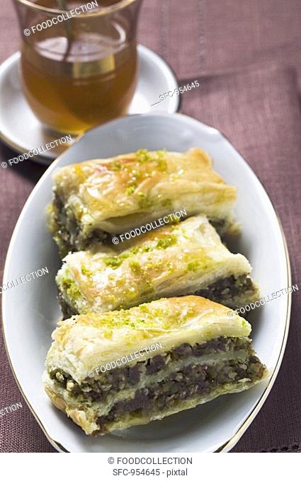 Baklava Filo pastry with honey & pistachios, Turkey, mint tea
