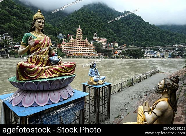 Rishikesh, India - July 2021: Views of the Swarg Niwas Temple from the Sai Ghat in Rishikesh on July 20, 2021 in Uttarakhand, India