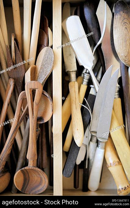 Various cooking utensils in a drawer