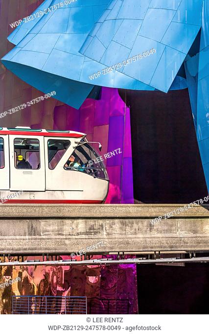 The Seattle Center Monorail passes right through the EMP Museum, which stands in all its creative glory in the Seattle Center