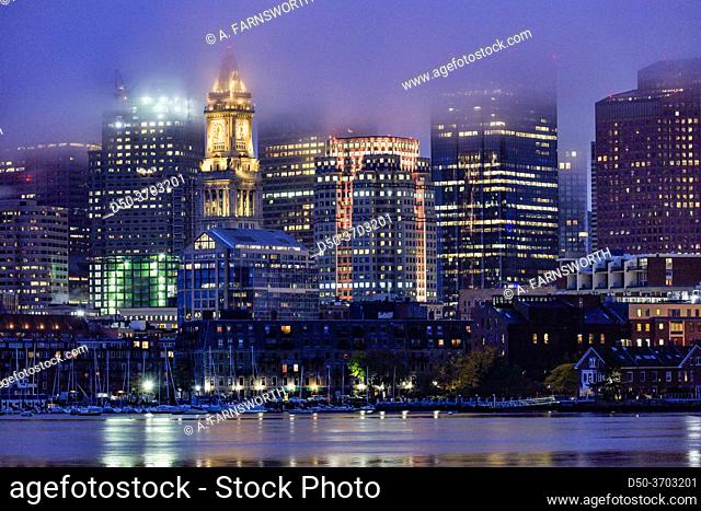Boston, Massachusetts, USA The Old Post Office building at night in the fog