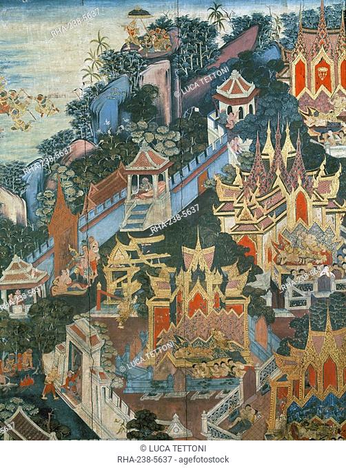 A scene from the Ramakien on a wooden screen in the Buddhaisawan Chapel, Bangkok, Thailand, Southeast Asia, Asia