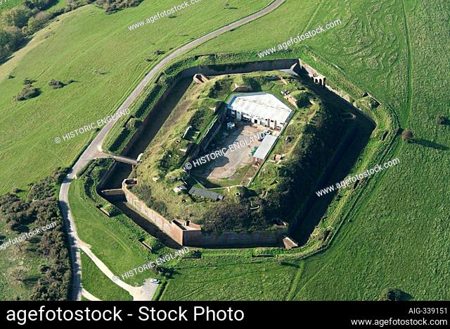 Bembridge Fort, a late 19th century hexagonal fort and barracks now partly converted to offices, Isle of Wight, 2014. Aerial view