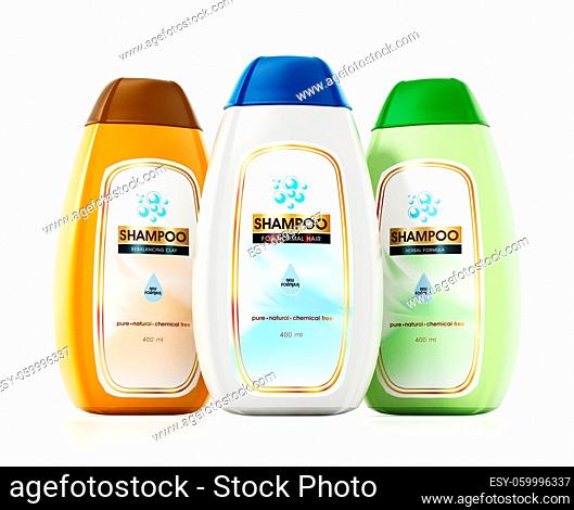 Generic shampoo bottle and label designs isolated on white background. 3D illustration