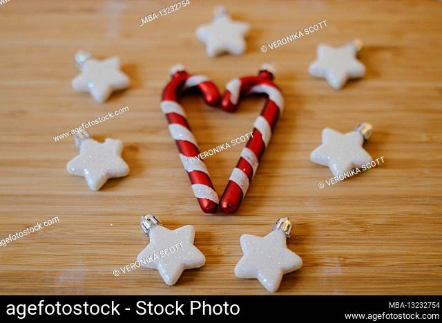 Christmas pendants, candy canes and stars in red and white