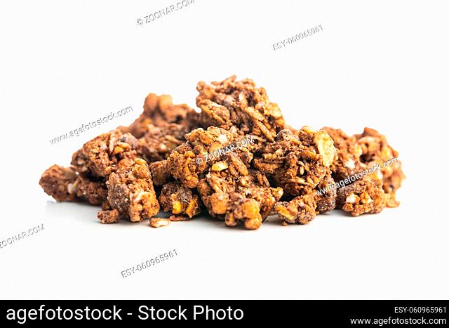 Breakfast cereal. Morning chocolate granola isolated on white background