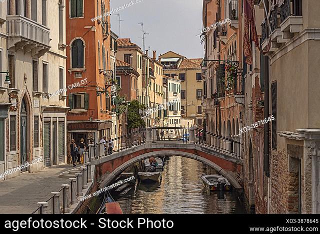 VENICE, ITALY: Venice river detail with small bridge