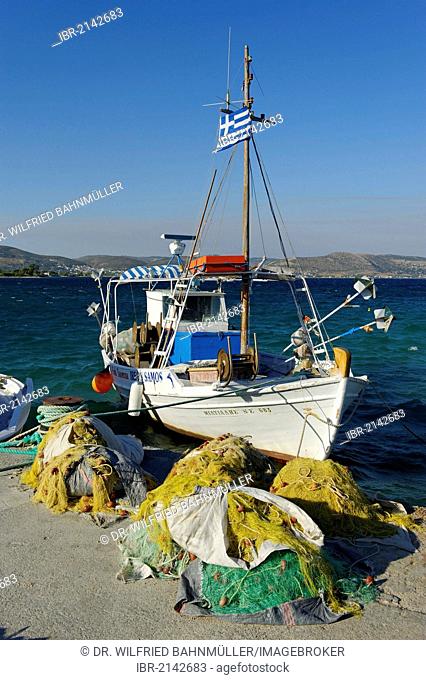Fishing boat in the harbor of Ireon Iraio Samou, Samos island, southern Sporades, Aegean sea, Greece, Europe
