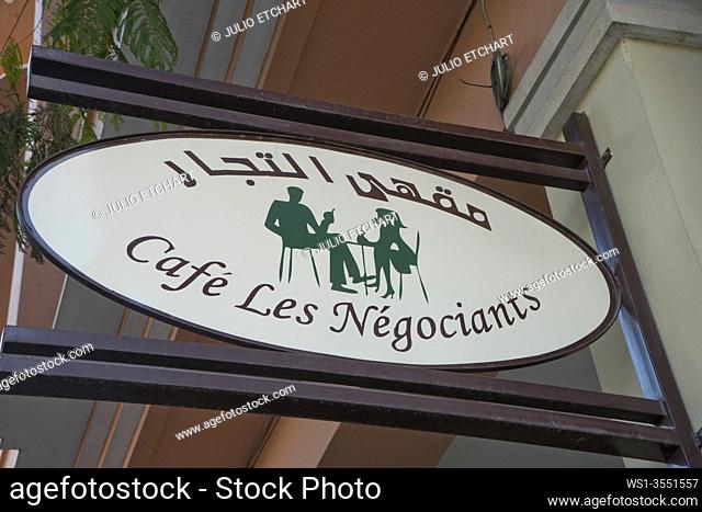 Sign outside the popular Cafe Les Negotiants, an institution since the 1930s, visited by George Orwell during his stay in Marrakesh, Morocco