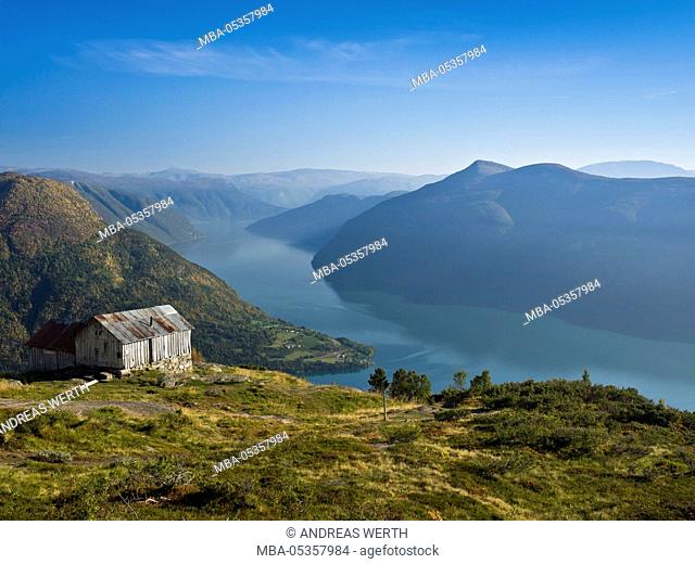 View from mount Molden, over the Lustrafjord, inner branch of Sognefjord, tongue of land of Urnes, Norways oldest stave church, Mount Molden, Lustrafjord