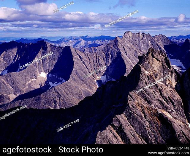 Aerial view of relict glacier in the Arrigetch Peaks, igneous intrusion in the Brooks Range, Gates of the Arctic National Park, Alaska
