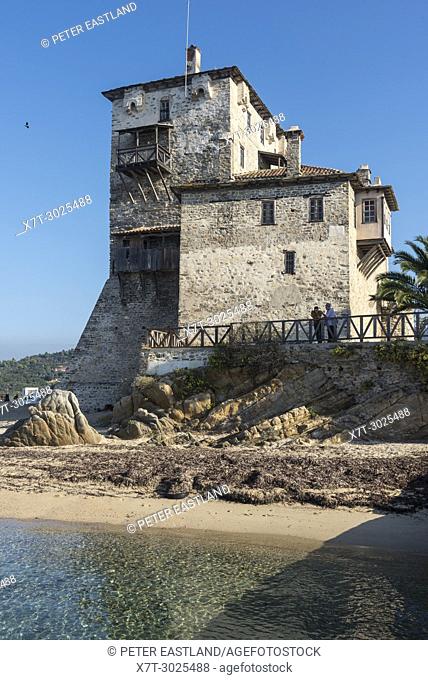 The Prosphorios tower, on the beach at Ouranoupoli, (at the top of the Athos Peninsula) Chalkidiki, Macedonia, Northern Greece