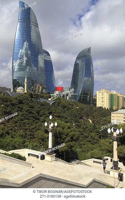 Azerbaijan; Baku; Upland Park, Flame Towers, skyline,