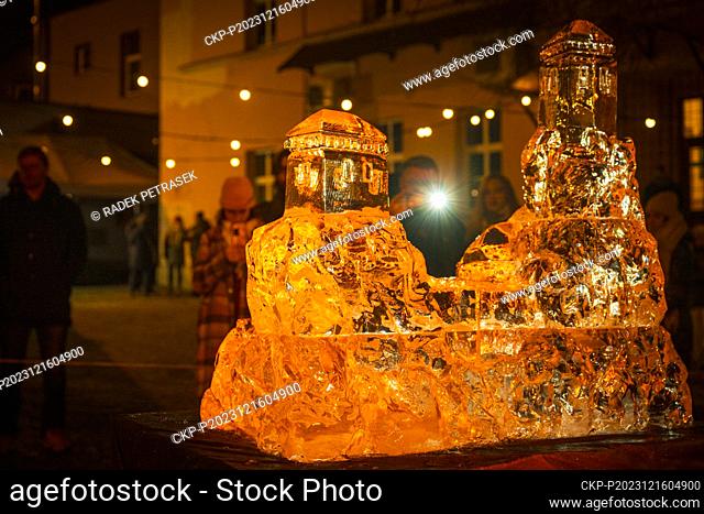 Third annual Christmas Ice Sculpture carving in Turnov on December 16, 2023. The sculptor carved and sculpted a statue of one of the dominant features of the...