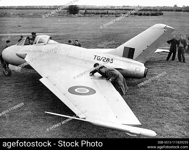 Britain To Go Over To All-Jet Aircraft - Experiments With DH 108. The new de Havilland 108 experimental jet plane at Hatfield airfield, Hertfordshire