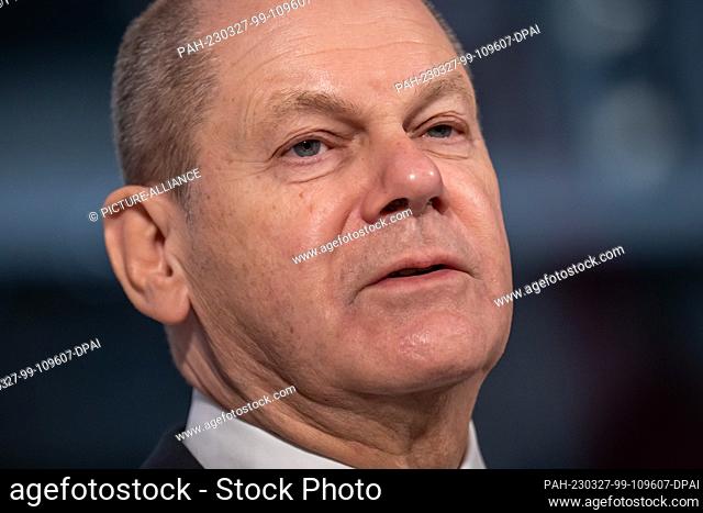 27 March 2023, Netherlands, Rotterdam: German Chancellor Olaf Scholz (SPD), takes part in a press conference as part of the German-Dutch government...