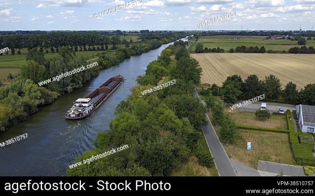 Aerial drone picture shows a barge on the Leie river in Zulte, Saturday 06 August 2022. Low rainfall since March and the extremely dry weather of July result in...