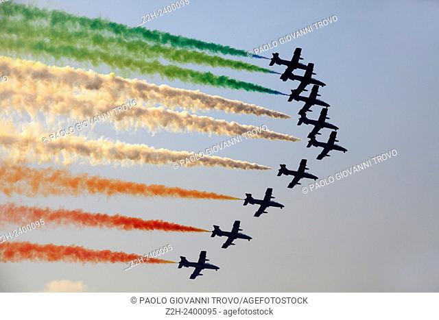 The Italian acrobatic team ""Frecce Tricolori"" during an airshow