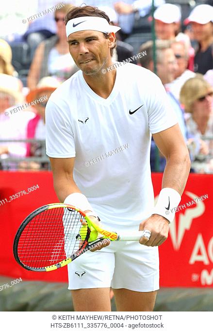 Rafael Nadal plays at the Aspall Tennis Classic - Pre Wimbledon grass court Exhibition event - at the Hurlingham Club in London on June 26th 2019