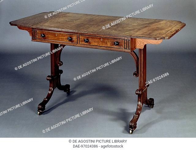 Regency style mahogany sofa table with rosewood inlays, ca 1810. United Kingdom, 19th century