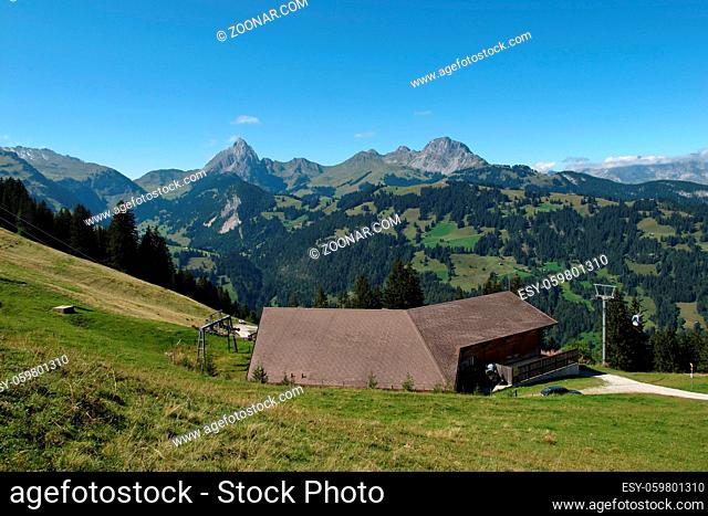 Wispile cable car and mountains, summer scene in Gstaad
