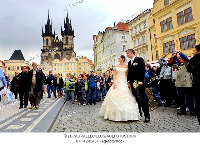 Wedding, waiting to see the Astronomical Clock at 14:00h  The Old town square and the Tyn church Prague  Czech Republic