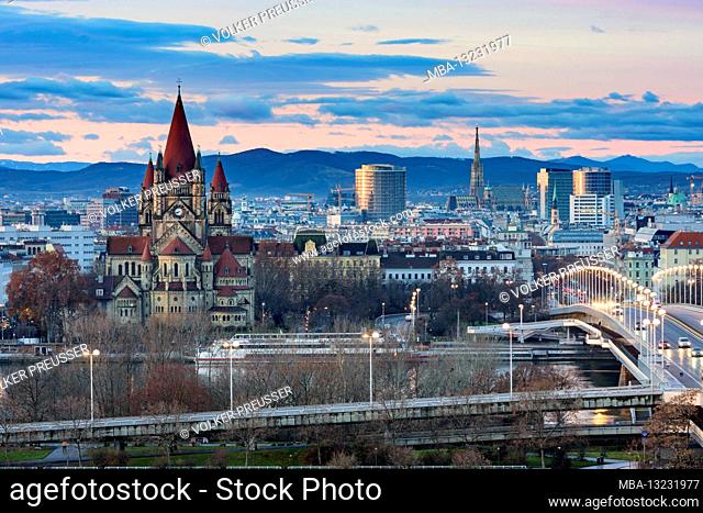 Wien / Vienna, Vienna city center, river Donau (Danube), bridge Reichsbrücke, church Franz von Assisi, cathedral Stephansdom (St