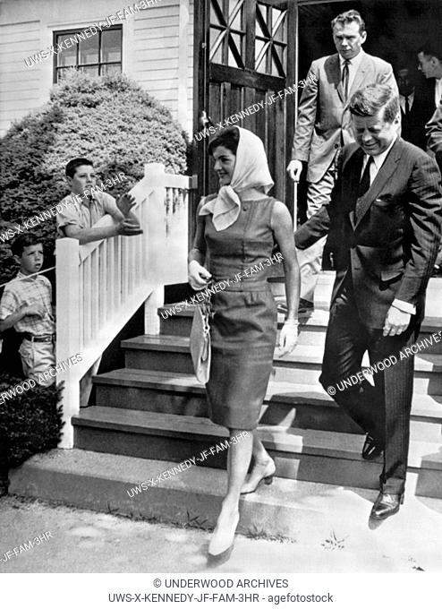 Hyannis, Massachusetts: July 2, 1961.President Kennedy and Jackie leaving the St. Francis Xavier church after attending mass