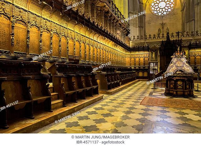 Choir with chairs, Coro, Cathedral of Santa María de la Sede, UNESCO World Heritage Site, Seville, Seville, Province of Seville, Andalusia, Spain