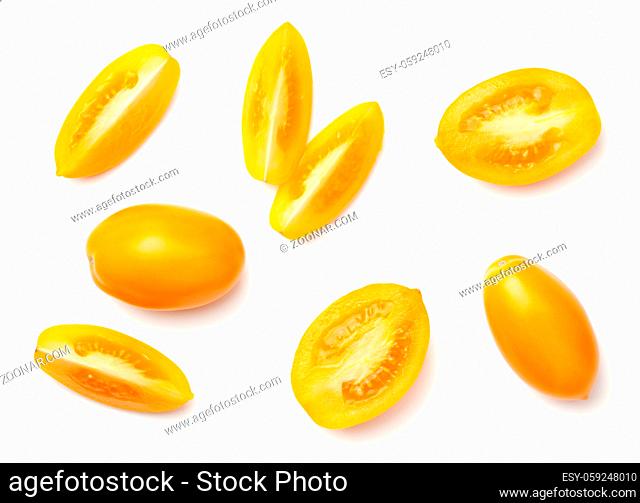 Yellow plum tomatoes isolated on white background. Top view