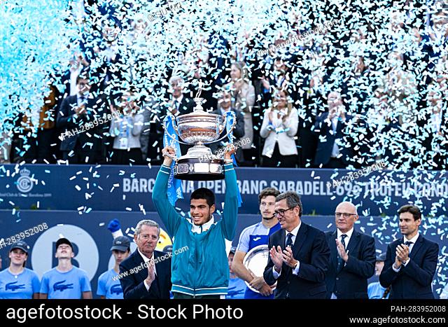 Carlos Alcaraz of Spain hold his trophy after winning the final of the Barcelona Open Banc Sabadell tennis match at the Real Club de Tenis Barcelona on April 24