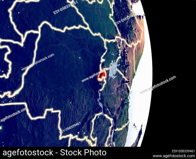 Satellite view of Rwanda at night with visible bright city lights. Extremely fine detail of the plastic planet surface. 3D illustration