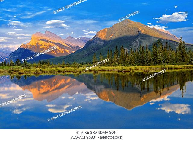 Mt. Rundle and Sulfur Mountain reflected in Vermillion Lakes Banff National Park Alberta Canada