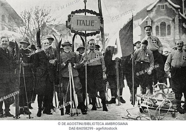 Italian team during the inaugural parade at the Winter Olympics in Chamonix, France, from L'Illustrazione Italiana, Year LI, No 6, February 10, 1924