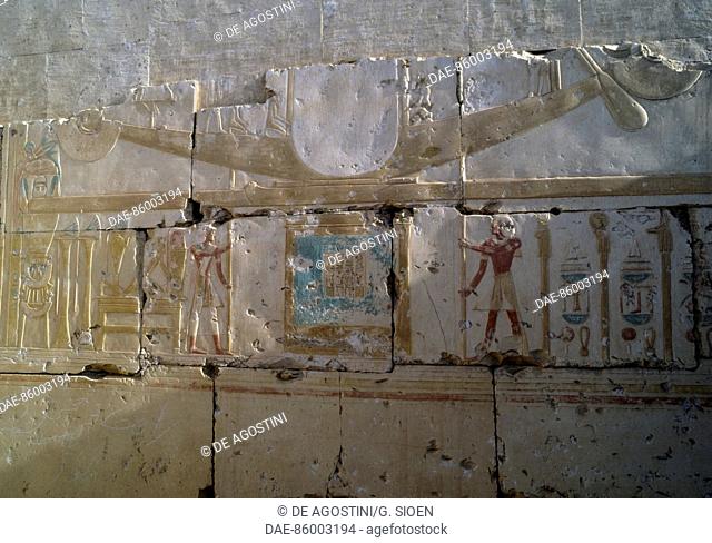 Relief with sacred boat, Temple of Ramses II, Abydos, egypt. Egyptian civilisation, New Kingdom, Dynasty XIX