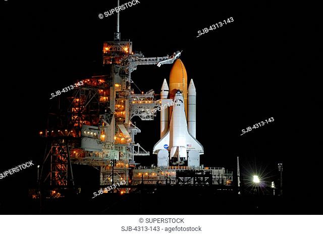 Following pullback of the Rotating Service Structure, or RSS, space shuttle Endeavour is posed for launch on STS-118 atop Pad 39A, August 7 2007