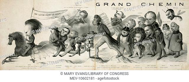 Grand chemin de la posterite. Print showing a procession of French artists and writers as caricatured by Benjamin Roubaud. Those depicted are: Hugo, T