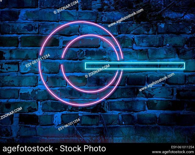 glowing neon lamps hang on a brick wall background, night