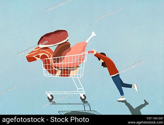 Girl pushing shopping cart full of meat