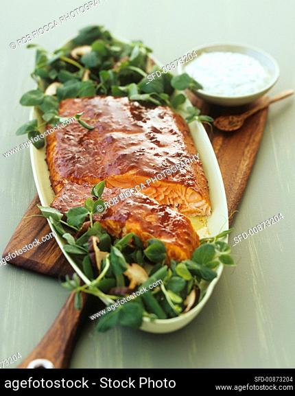 Baked, marinated salmon with watercress salad