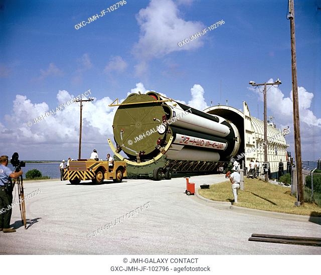 A stage of the uprated Saturn 1 launch vehicle unloaded from NASA barge Promise after arrival at Cape Kennedy. Launch vehicle for ApolloSaturn 204 mission