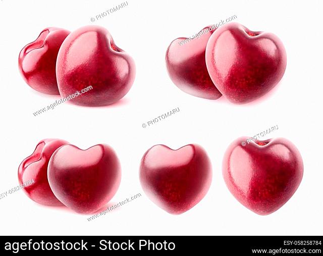 Isolated cherries. Collection of heart shaped sweet cherry fruits without stems isolated on white background with clipping path